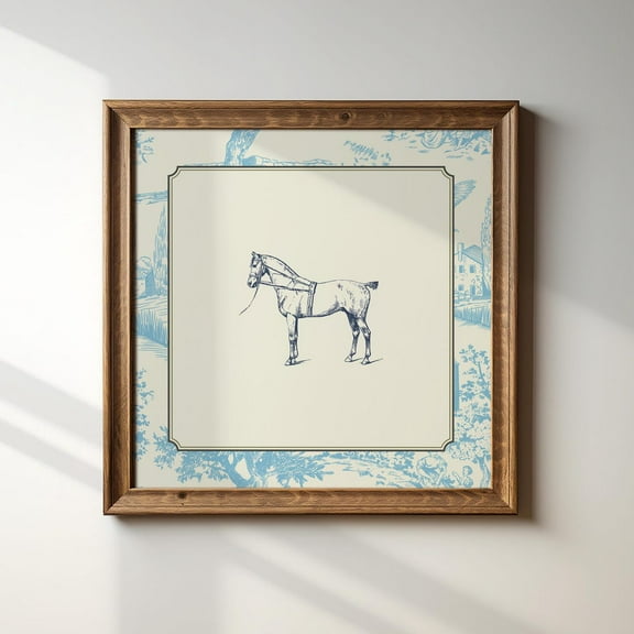 Vintage Blue Toile Horse Print, Trendy Decor, Botanical Living Room Art, Cottage, Nursery Wall Art, Modern Wall Decor, 16x16 UNFRAMED