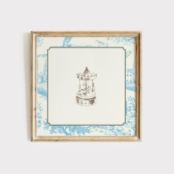 Vintage Blue Toile Merry Go Round Print, Trendy Decor, Botanical Cottage, Nursery Wall Art, Modern Wall Decor, 16x16 UNFRAMED