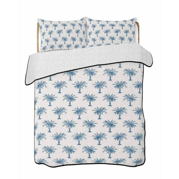 Vintage Blue Tree Quilts Bedding Set California King Date Tree Tropical Plants Retro Beige Background Lightweight Quilted Bedspread 3 Piece Bed Quilt with 2 Pillow Shams for Bedroom 96" x 106"