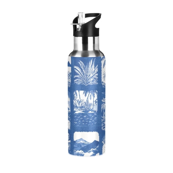 Vintage Blue Tropical Patterns Trees Sports Bottle with Straw Stainless Steel Water Jug Portable Thermal Cup Leak-proof 600ML