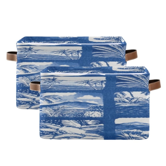 Vintage Blue Tropical Patterns Trees Square Storage Bins with Handles Collapsible Containing Box 2 Packs
