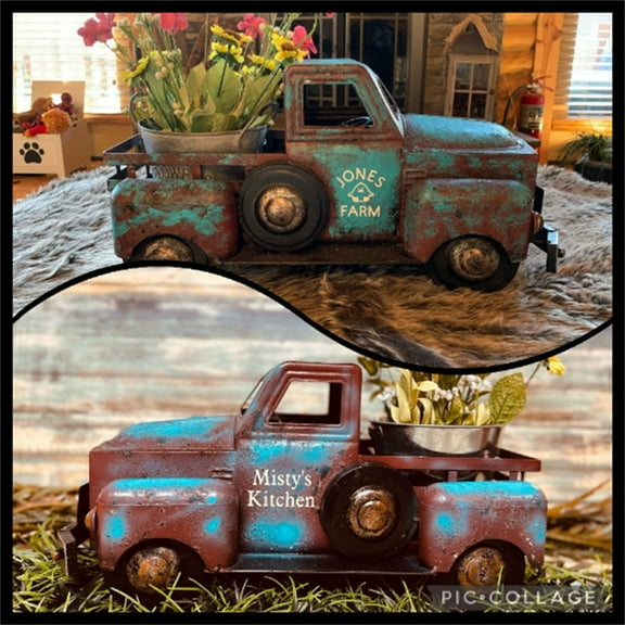 Vintage Blue Truck Decor, Farmhouse Blue Truck Spring Decoration, Decorative Tabletop Storage & Pick-up Metal Truck Planter