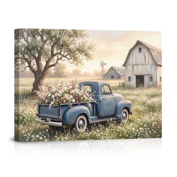 Vintage Blue Truck With Wildflowers Rustic Farmhouse Country Wall Art, Eye Catching Travel Inspired Theme For Home And Living Room Decor