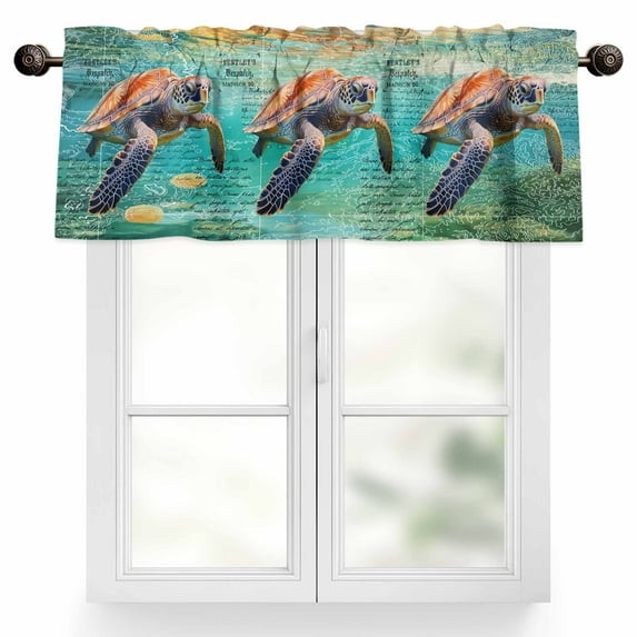 Vintage Blue Valances for Windows, 42 x 18in, Ocean Abstract Sea Turtle Map Rod Pocket Kitchen Valance Curtain Light Filtering Window Treatments for Living Room Bedroom, 1 Panel