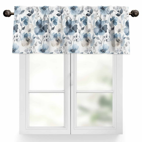 Vintage Blue Valances for Windows, 54 x 18in, Brown Watercolor Flowers Petals Abstract Art Rod Pocket Kitchen Valance Curtain Light Filtering Window Treatments for Living Room Bedroom, 1 Panel