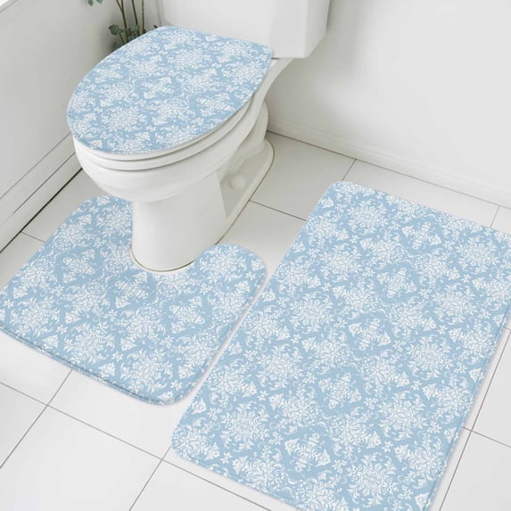 Vintage Blue Wallpaper Bathroom Rugs Set Medieval Turkish Pattern Non Slip Absorbent Soft Bath Mats 3 Piece Set with Bathroom Rug, U-Shaped Floor Mat, Toilet Seat Cover Large Size