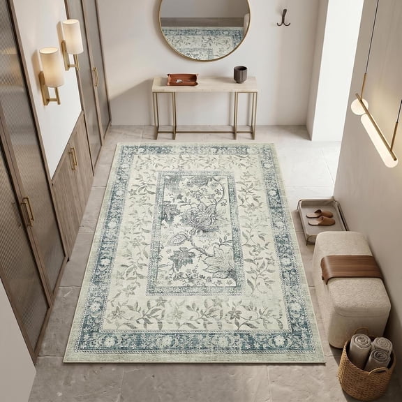 Vintage Blue Washable 4x6 Rug Cottage Core Retro Farmhouse Low-Pile Stain Resistant Non-Slip Rugs for Bedroom Living Room Entryway Nursery Kitchen TPE Backing
