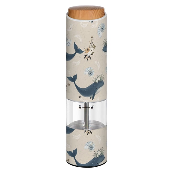 Vintage Blue Whale Floral Pattern Printed Electric Pepper Mill One-Touch Battery Operated Salt Grinder Adjustable Coarseness Decorative Counter Spice Tool