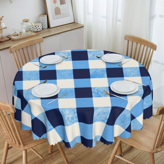 Vintage Blue And White Buffalo Plaid Gingham Pattern Round Tablecloth Waterproof Oil Proof Spill Proof Table Cloth 70" for Camping, Dining, Indoor and Outdoor Table Cover