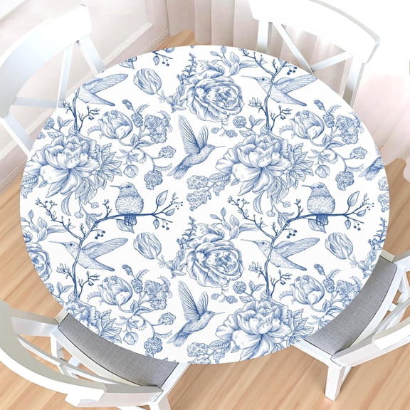 Vintage Blue White Floral Bird Round Fitted Tablecloth with Elastic Edge,Waterproof Spring Summer Pastoral Rustic Boho Table Cover for 40-44" Stretch Table Cloth for Dinner Indoor Outdoor Party