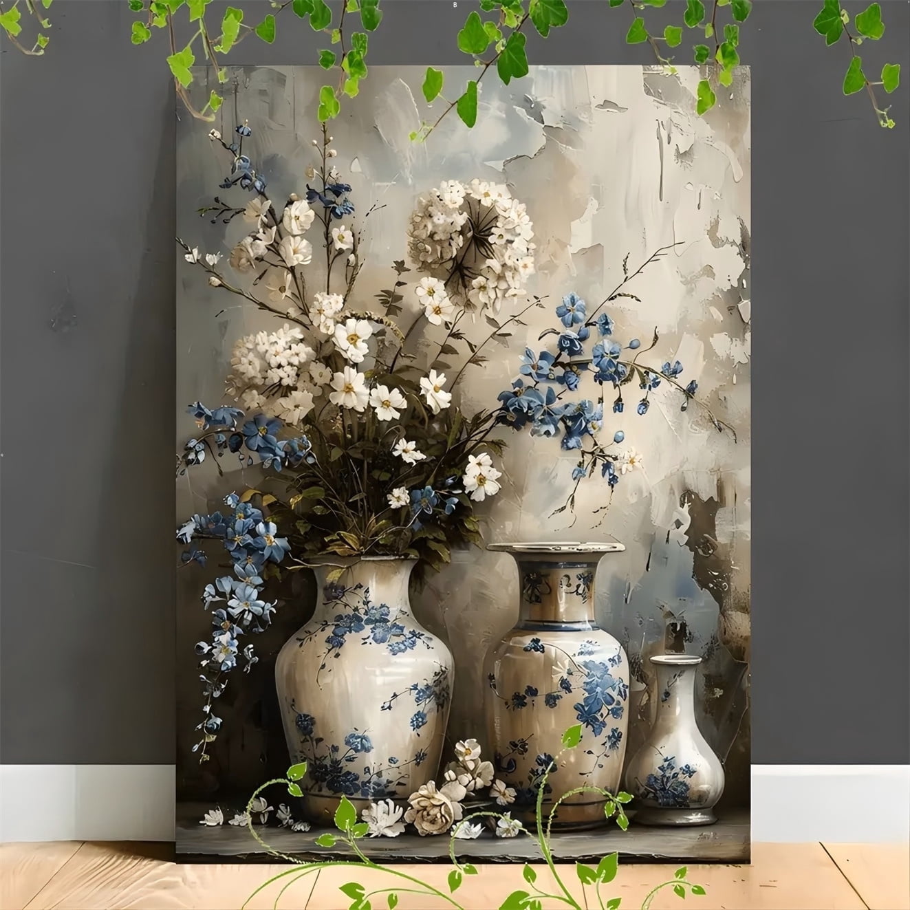 Vintage Blue & White Floral Canvas Art - Wooden Framed Wall Decor for Living Room, Bedroom, Office, Wooden Framed, Canvas Painting, Artistic, Vintage Jars, Home Decoration, Perfect for Room Decor