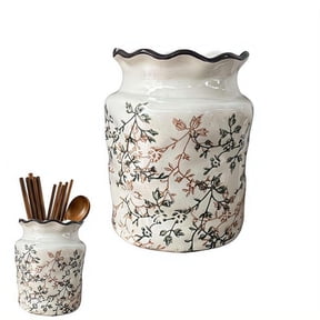 Vintage Blue White Floral Ceramic Utensil Holder Large Capacity Kitchen Chopstick Container with Drainage Holes Flatware Caddy for Spoons Cooking Tools Countertop Organizer