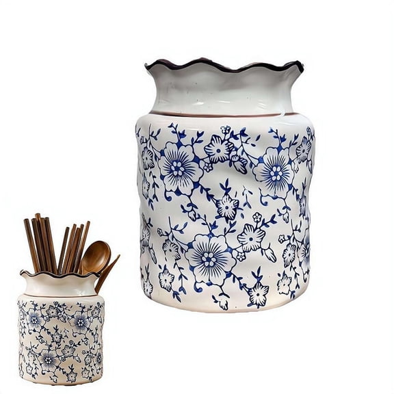 Vintage Blue White Floral Ceramic Utensil Holder Large Capacity Kitchen Chopstick Container with Drainage Holes Flatware Caddy for Spoons Cooking Tools Countertop Organizer