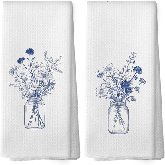 Vintage Blue and White Flower Botanical Kitchen Towels Set of 2, Cornflower Modern Line Drawing Floral Bouquet Hand Towel for Kitchen Bathroom, Spring Decorative Tea Dish Towels 16x24 Inch
