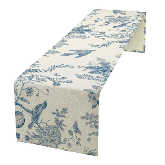 Vintage Blue White Toile Bird Floral Table Runner, French Country Farmhouse Style Decorative Table Runner for Dining Table Centerpiece