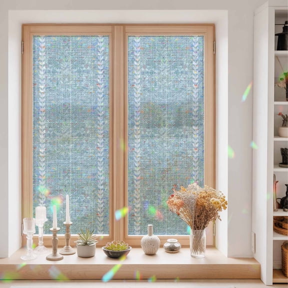 Vintage Blue Window Privacy Film Country Pastoral Farmhouse Nautical Minimalist Leaf Stripe Static Cling Stained Glass Window Film Non-Adhesive Decorative Decals Rainbow Sticker 29.5"X78.7"