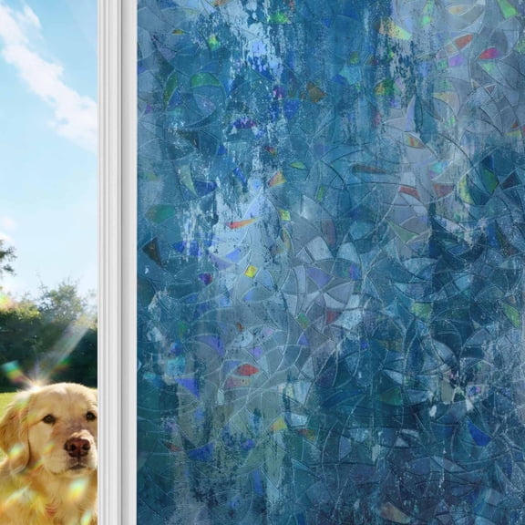 Vintage Blue Window Privacy Film Stain Glass,Reusable Decorative Rainbow Window Film,Oil Painting Modern Abstract Art Static Cling Sun Blocking Stickers Decals Covers 17.7" x 39.3" (2pcs)
