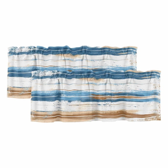 Vintage Blue Window Valance, Brown Wood Grain Mottled Texture Abstract Art 2 Pack Decorative Curtain for Small Windows, Light Filtering Valance with 3” Rod Pocket, 42"W x 12"L