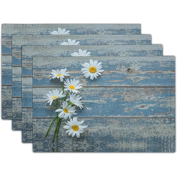Vintage Blue Wood Panel Placemats Set of 4,White Daisy Table Mats Non-Slip Heat Resistant Washable Placemat for Party Kitchen Dining Table Decoration Indoor Outdoor