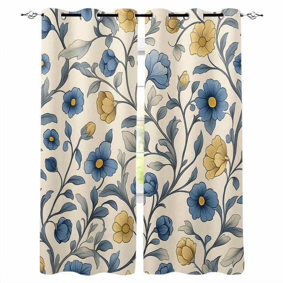 Vintage Blue Yellow Blackout Curtains for Bedroom Living Room Darkening Curtains 63 Inches Long Spring Enchanted Garden Florals Window Curtain 2 Panels Set Window Treatment Grommet Drapes 42"x63"