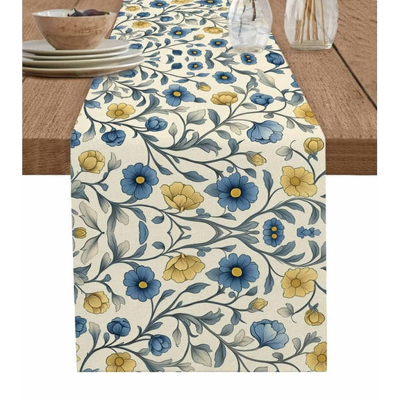 Vintage Blue Yellow Burlap Cotton Table Runner 13x48 Inches Long, Spring Enchanted Garden Florals Farmhouse Table Runners, Outdoor Dining Tablecloths Decor for Baby Shower/Party/Wedding