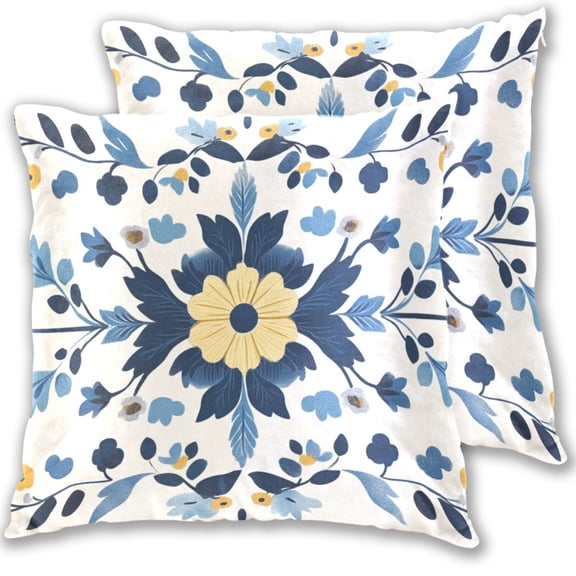 Vintage Blue Yellow Floral Symmetrical Pattern Throw Pillow Covers Pillowcases 16 x 16 Inch Home Decor 2 Packs for Bedroom Sofa