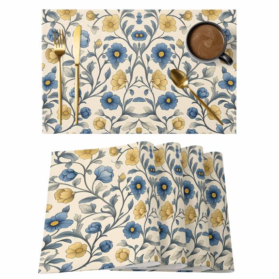 Vintage Blue Yellow Placemats Set of 4 Spring Enchanted Garden Florals Place Mats Indoor Wipeable Table Mats Washable Cloth Dining Table Placemats for Kitchen Holiday Party Home Decor 13x19 Inch
