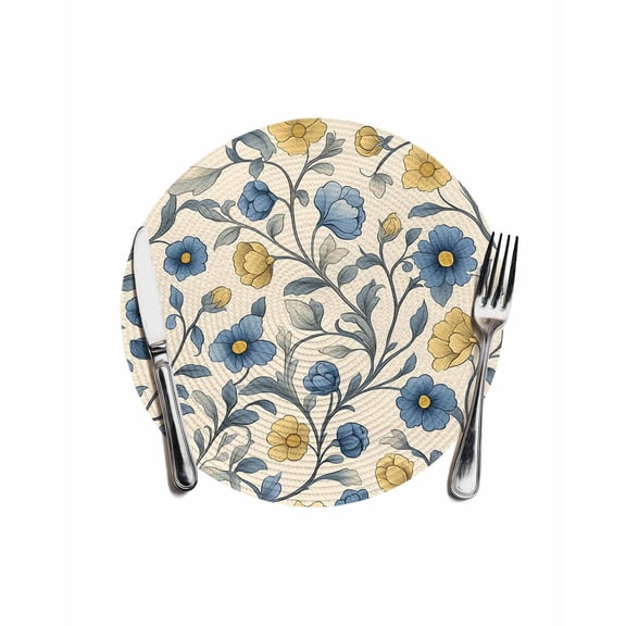 Vintage Blue Yellow Round Placemats for Dinning Tables,Heat-proof Braided Table Mats 13 Inch,Spring Enchanted Garden Florals Washable Place Mat for Kitchen Restaurant Party Decor Table Setting