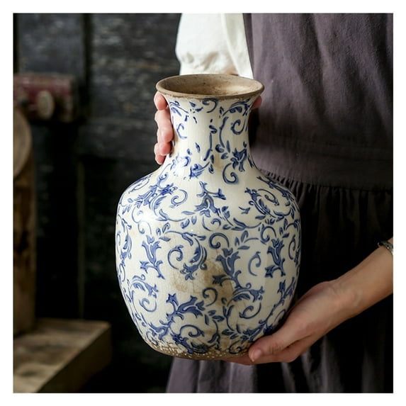 Vintage Blue and White Ceramic Flower Vase, Rustic Chinoiserie Ceramic Vase