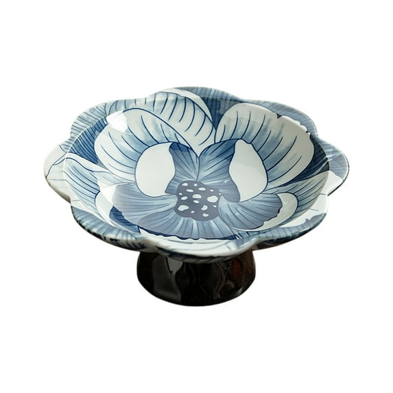 Vintage Blue and White Porcelain Tea Pastry Tray - Footed Fruit Platter, Ceramic Serving Tray, Asian Style Small Plates, Snack Dessert Nut Bowls(A)