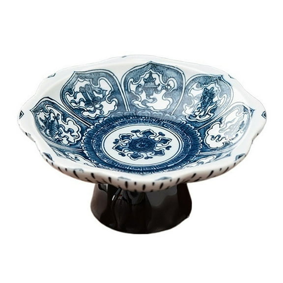 Vintage Blue and White Porcelain Tea Pastry Tray, Footed Fruit Platter, Ceramic Serving Tray, Snack Bowls