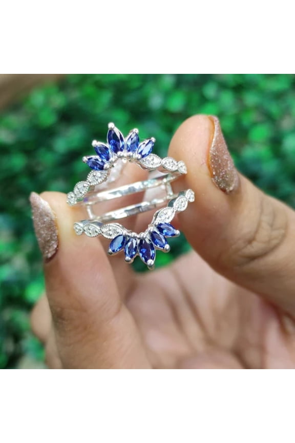 Vintage Blue and White Sapphire Wedding Engagement Ring Guard Wrap Band