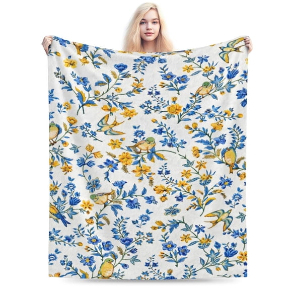 Vintage Blue and Yellow Floral Bird Throw Blanket, Soft Cozy Decorative Blanket for Sofa Couch Bed, Elegant Nature-Inspired Home Decor 50x40