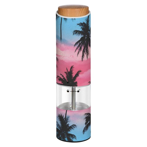 Vintage Blue-pink Palm Tree Pattern Printed Electric Pepper Mill One-Touch Battery Operated Salt Grinder Adjustable Coarseness Decorative Counter Spice Tool