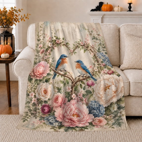 Vintage Bluebird Floral Heart Wreath Romantic, Cozy Bird Art Scene, Warm Flannel Blanket for Living Room and Reading Nook, Bird Lovers Valentine's Day Gift, Artistic Home Decor