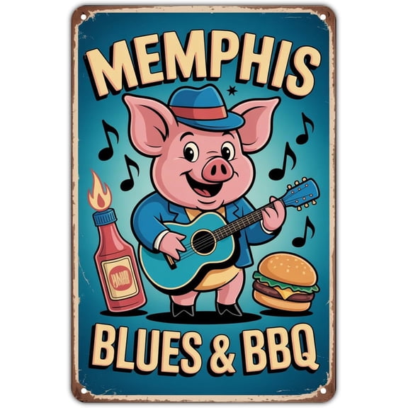 Vintage Blues BBQ Pig Guitar Metal Tin Sign for Garden Yard Bar Porch Garage Home Bedroom Kitchen Wall Decor 8 x 12, Easy to Hang