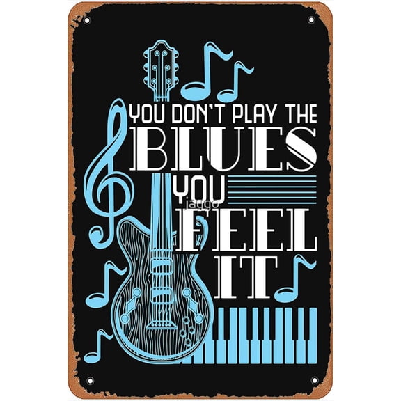Vintage Blues Guitar Metal Tin Sign Wall Decor Poster with Musical Notes for Room Bathroom Garage Man Cave Office Pub Basement, 8 x 12 Inch