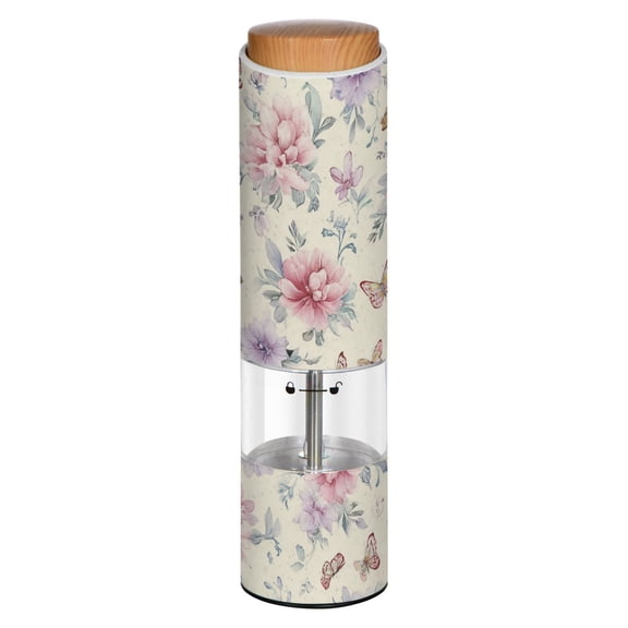 Vintage Blush Butterfly Garden Printed Electric Pepper Mill One-Touch Battery Operated Salt Grinder Adjustable Coarseness Decorative Counter Spice Tool