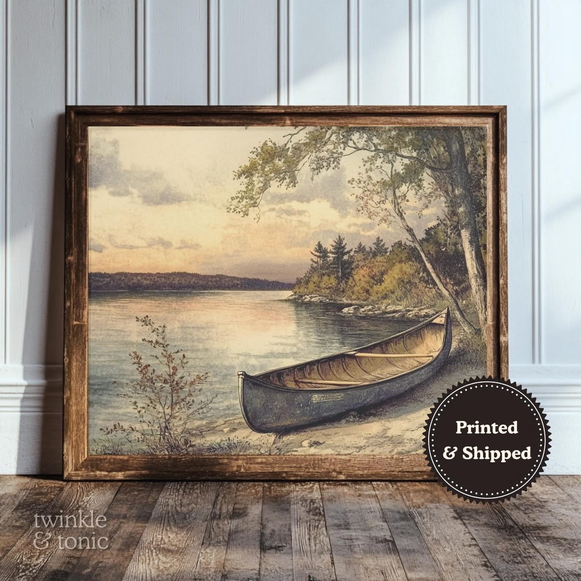 Vintage Boat Art Print Rustic Lakehouse Wall Dã©Cor Farmhouse Landscape ...