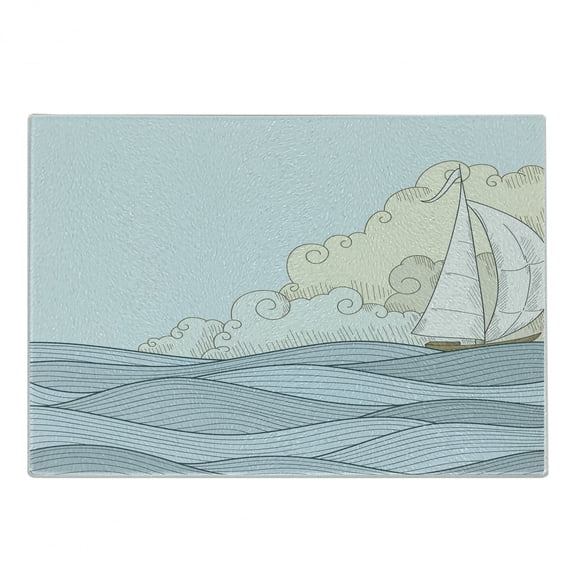 Vintage Boat Cutting Board, Doodle Style Sailing Freedom Concept with Ocean Waves Boat and Clouds, Decorative Tempered Glass Cutting and Serving Board, Small Size, Pale Blue Cream, by Ambesonne