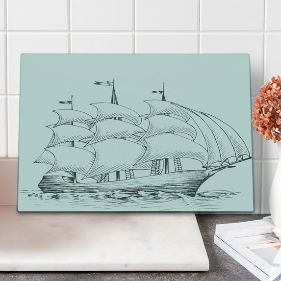 Vintage Boat Cutting Board, Medieval Old Fashioned Ship Sailing to Wavy Ocean Adventure Holiday, Decorative Tempered Glass Cutting and Serving Board, Large Size, Charcoal Grey White, by Ambesonne
