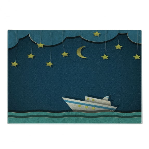 Vintage Boat Cutting Board, Moon and Stars in the Sky Little Boat at Night on Waves, Decorative Tempered Glass Cutting and Serving Board, Small Size, Night Blue Yellow Teal, by Ambesonne