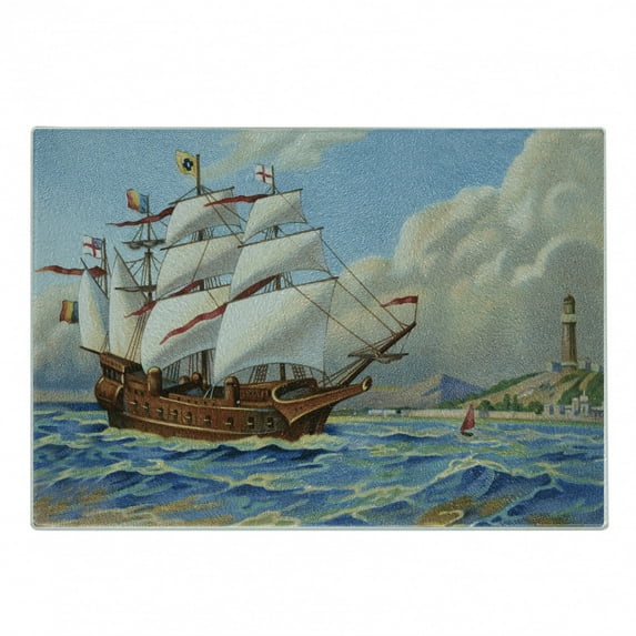 Vintage Boat Cutting Board, Ship Sailing Historical Theme Wavy Sea Coastal Painting Vintage Print, Decorative Tempered Glass Cutting and Serving Board, Small Size, Multicolor, by Ambesonne