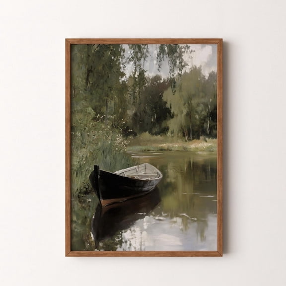 Vintage Boat Riverside Landscape Muted Moody Nature Scene, Unframed Poster