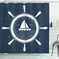 thumbnail image 1 of Vintage Boat Shower Curtain, Nautical Steering Wheel Grunge Textured Marine Sailing Journey Graphic, Fabric Bathroom Set with Hooks, 69W X 70L Inches, Night Blue White, by Ambesonne, 1 of 3