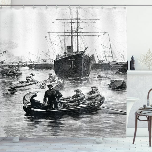 Vintage Boat Shower Curtain, San Diego Port Vintage Picture with Ships and Sailboats Old Times Artwork, Fabric Bathroom Set with Hooks, 69W X 84L Inches Extra Long, Black and White, by Ambesonne