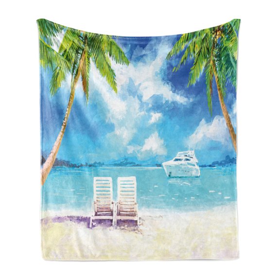 Vintage Boat Soft Flannel Fleece Blanket, Exotic Vacation with Palm Trees at Sandy Beach Yacht Loungers Watercolor Art, Cozy Plush for Indoor and Outdoor Use, 70" x 90", Multicolor, by Ambesonne
