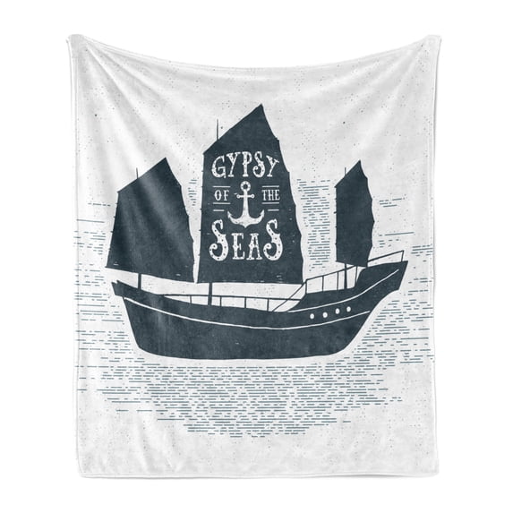 Vintage Boat Soft Flannel Fleece Blanket, Gypsy of the Sea Pirate Ship Headed to Treasure Island Vintage Style, Cozy Plush for Indoor and Outdoor Use, 70" x 90", Dark Blue Grey White, by Ambesonne