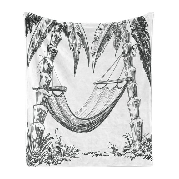 Vintage Boat Soft Flannel Fleece Blanket, Hammock and Palm Trees Holiday Relaxation at Coast Tropical Landscape, Cozy Plush for Indoor and Outdoor Use, 70" x 90", Charcoal Grey White, by Ambesonne