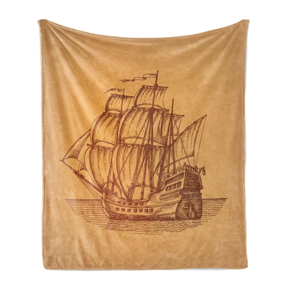 Vintage Boat Soft Flannel Fleece Blanket, Hand Drawn Style Weathered Old Ship in Earth Tones Marine Frigate Motif, Cozy Plush for Indoor and Outdoor Use, 70" x 90", Brown Pale Brown, by Ambesonne